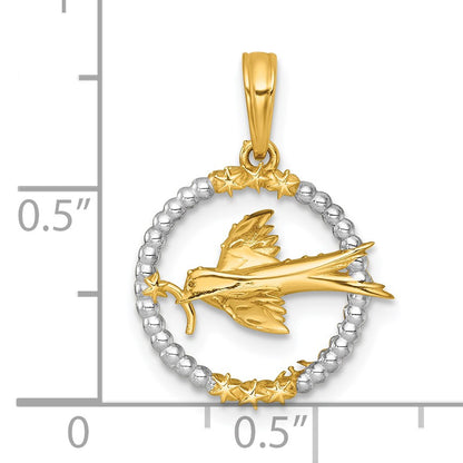 14k with White Rhodium Polished Flying Bird In Circle with Stars Charm