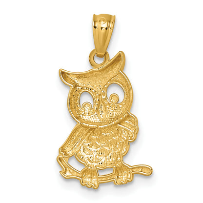 14k and White Rhodium Polished and Textured Owl Pendant