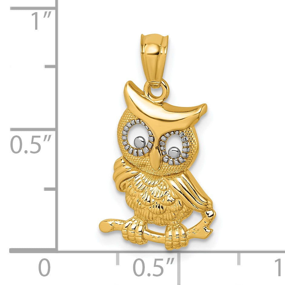 14k and White Rhodium Polished and Textured Owl Pendant