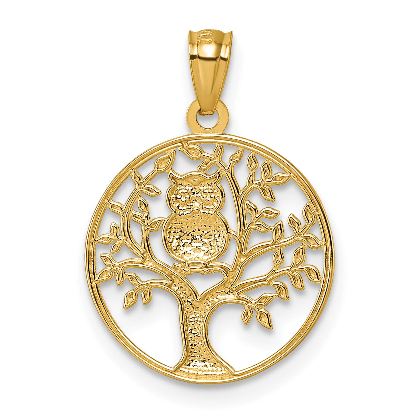 14k and White Rhodium Textured Owl Sitting In Tree In Circle Pendant