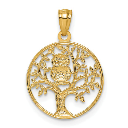 14k and White Rhodium Textured Owl Sitting In Tree In Circle Pendant