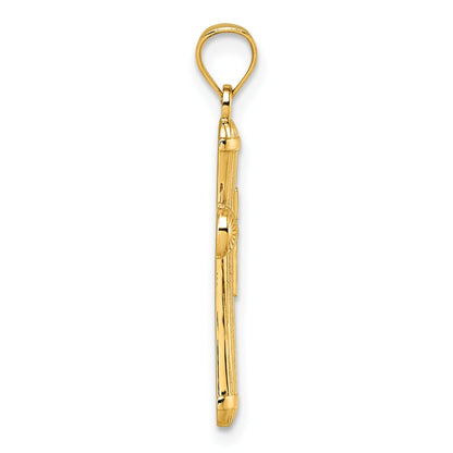 14k Polished and Diamond-cut Grooved Hollow Back Cross Pendant