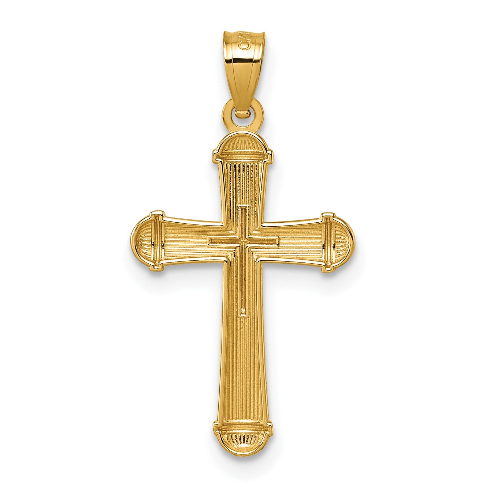 14k Polished and Diamond-cut Grooved Hollow Back Cross Pendant