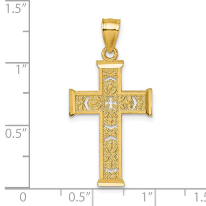 14k Polished Diamond-cut Textured Fancy Pierced Design Cross Pendant