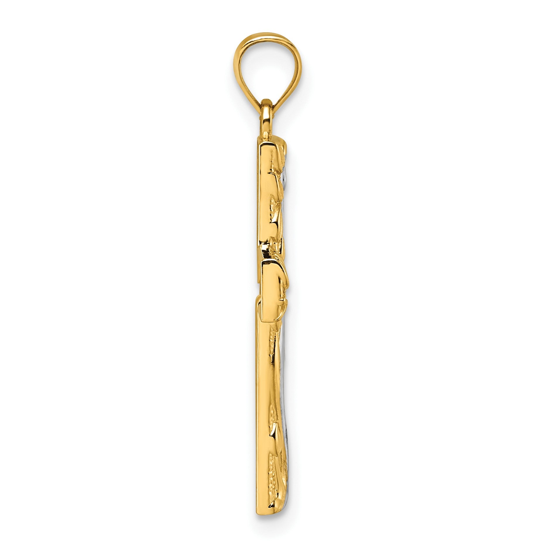14k and Rhodium Polished Floral Tree with Leaves Hollow Back Cross Pendant