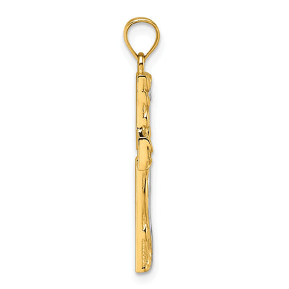 14k and Rhodium Polished Floral Tree with Leaves Hollow Back Cross Pendant