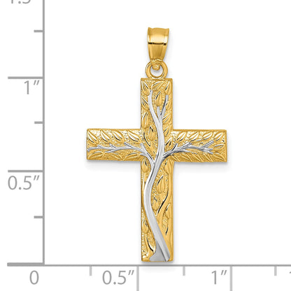 14k and Rhodium Polished Floral Tree with Leaves Hollow Back Cross Pendant