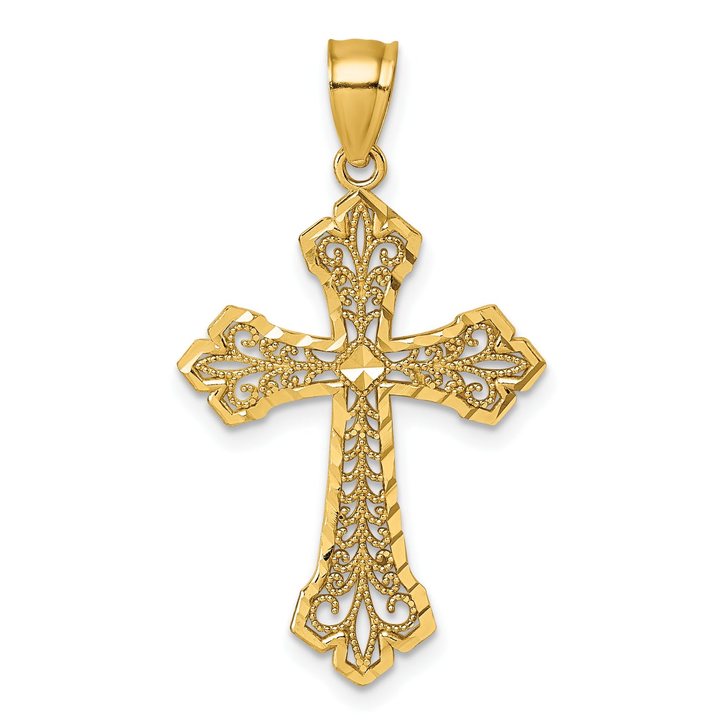 14k Polished Diamond-cut Fleur de Lis Filigree Textured Fancy Cross Pendant