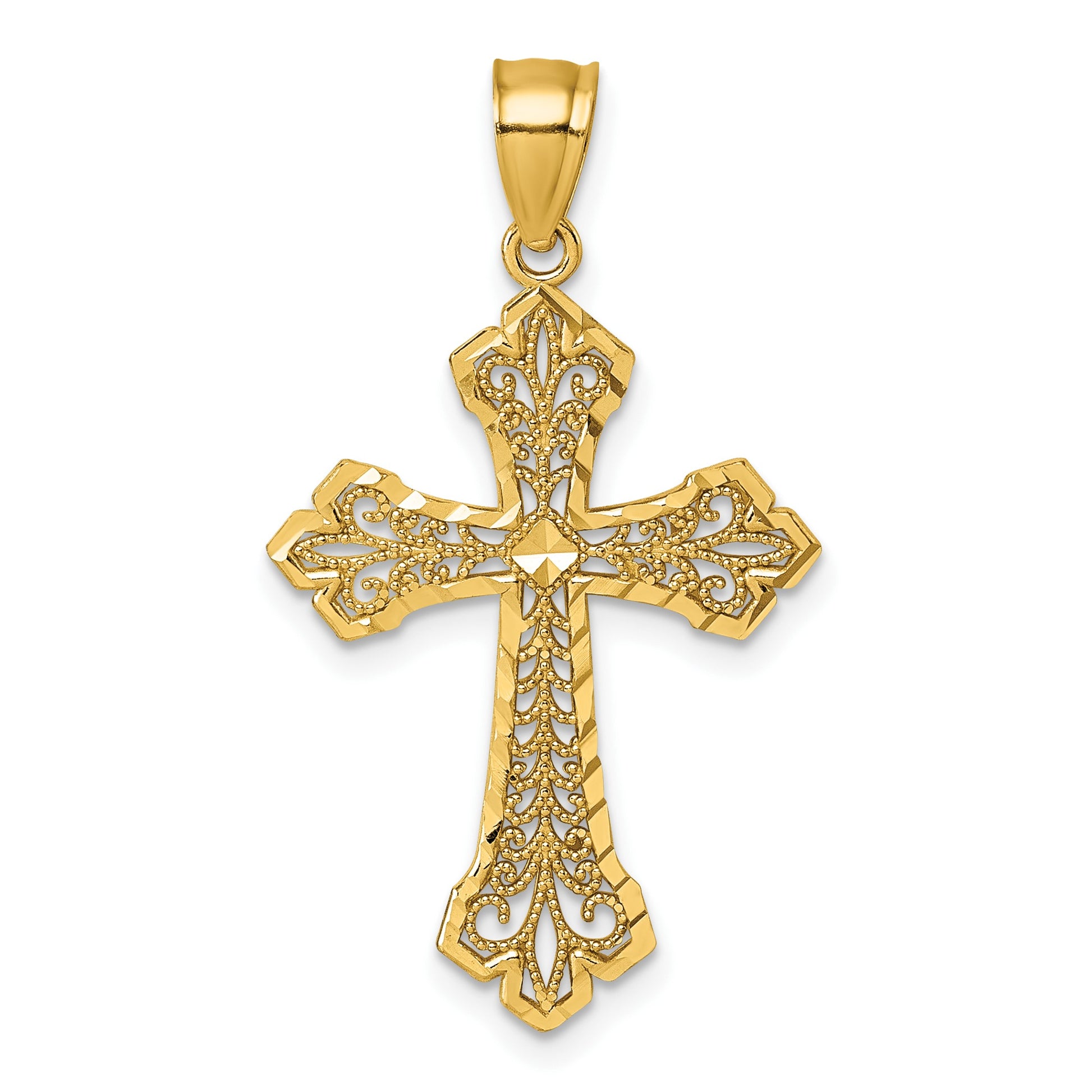 14k Polished Diamond-cut Fleur de Lis Filigree Textured Fancy Cross Pendant