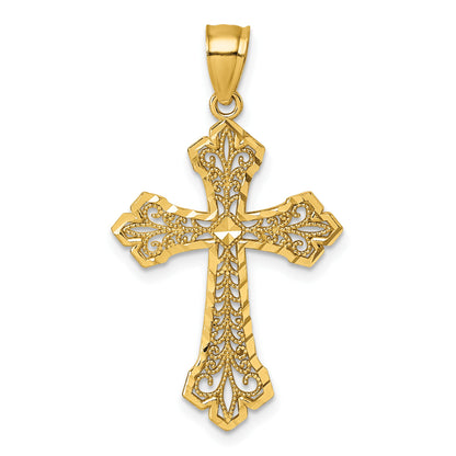 14k Polished Diamond-cut Fleur de Lis Filigree Textured Fancy Cross Pendant