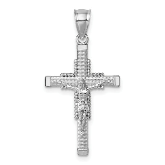 14k Polished White Gold Diamond-cut Textured Crucifix Pendant