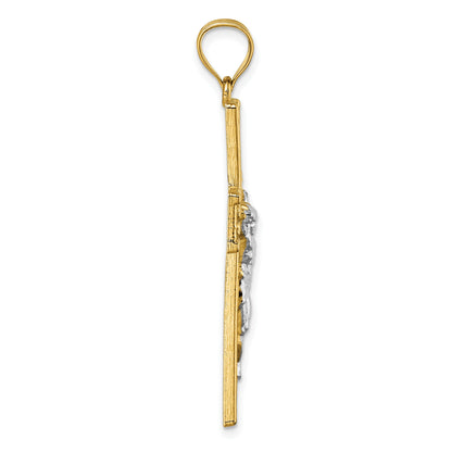 14k and White Rhodium Polished Diamond-cut Nugget Crucifix Pendant