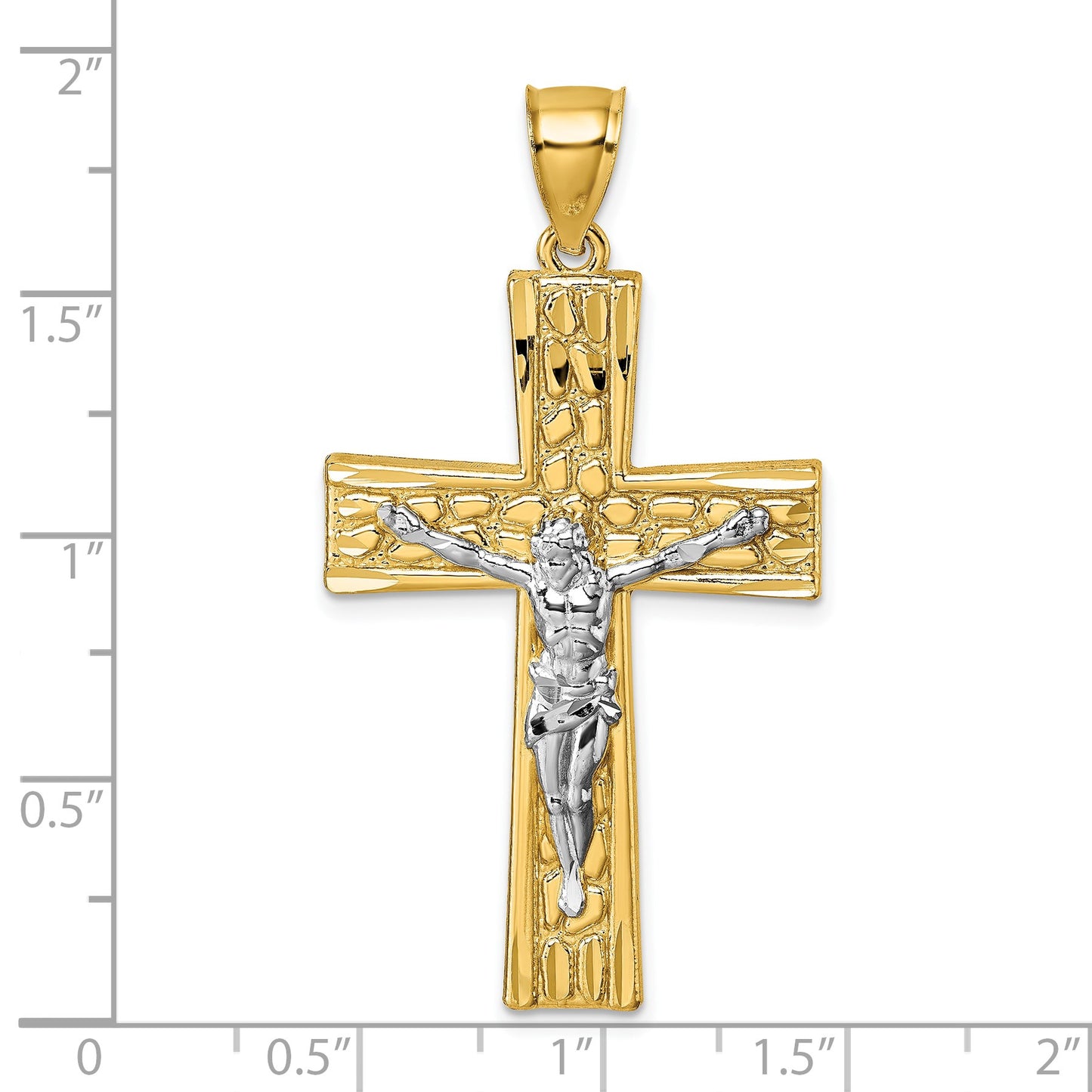 14k and White Rhodium Polished Diamond-cut Nugget Crucifix Pendant