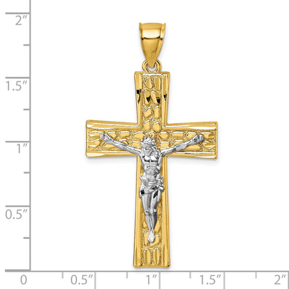 14k and White Rhodium Polished Diamond-cut Nugget Crucifix Pendant