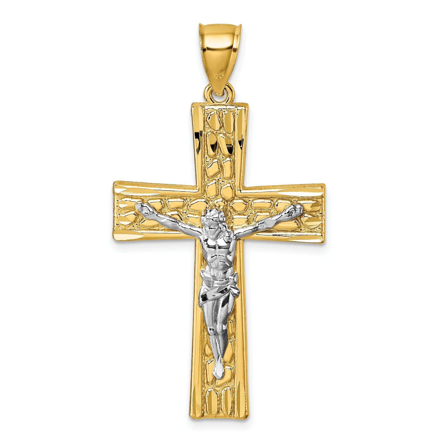 14k and White Rhodium Polished Diamond-cut Nugget Crucifix Pendant