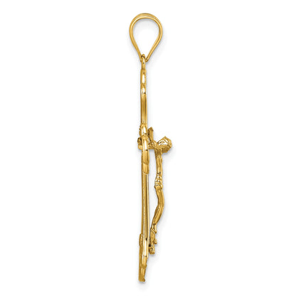 14k Polished Diamond-cut Fleur de Lis Filigree Fancy Crucifix Pendant