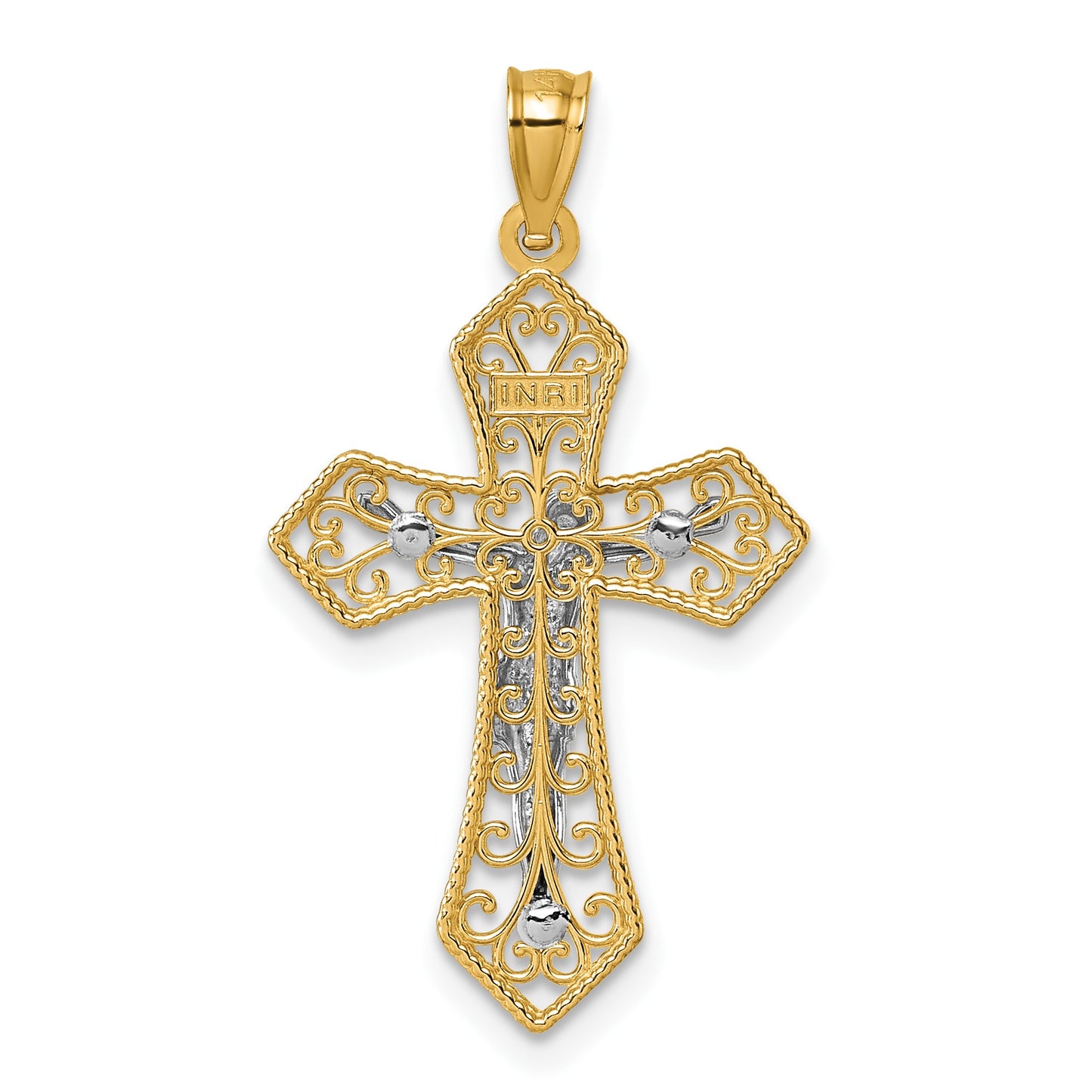 14k Two-tone Polished and Textured Filigree Passion Crucifix Pendant