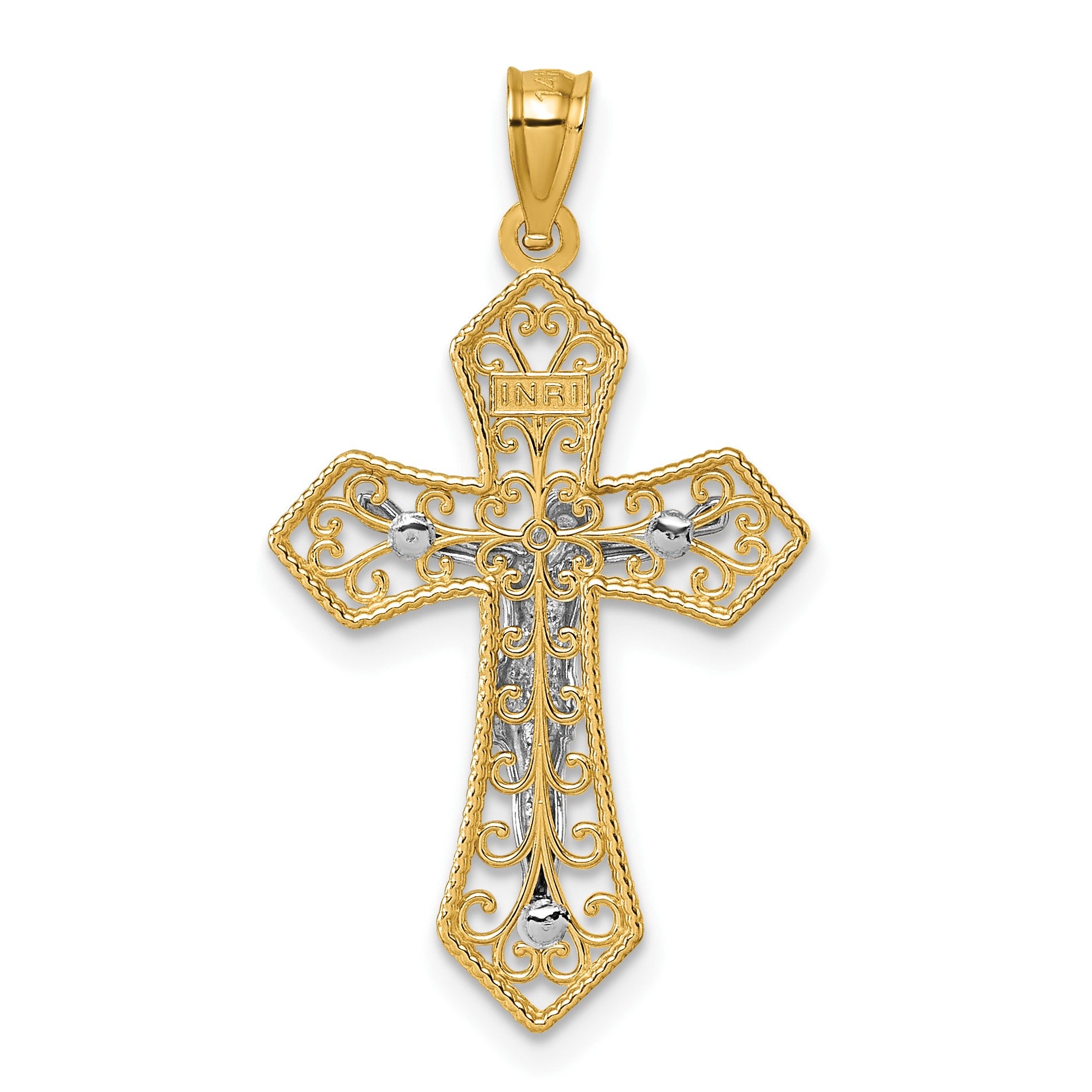 14k Two-tone Polished and Textured Filigree Passion Crucifix Pendant