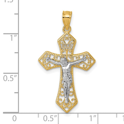 14k Two-tone Polished and Textured Filigree Passion Crucifix Pendant