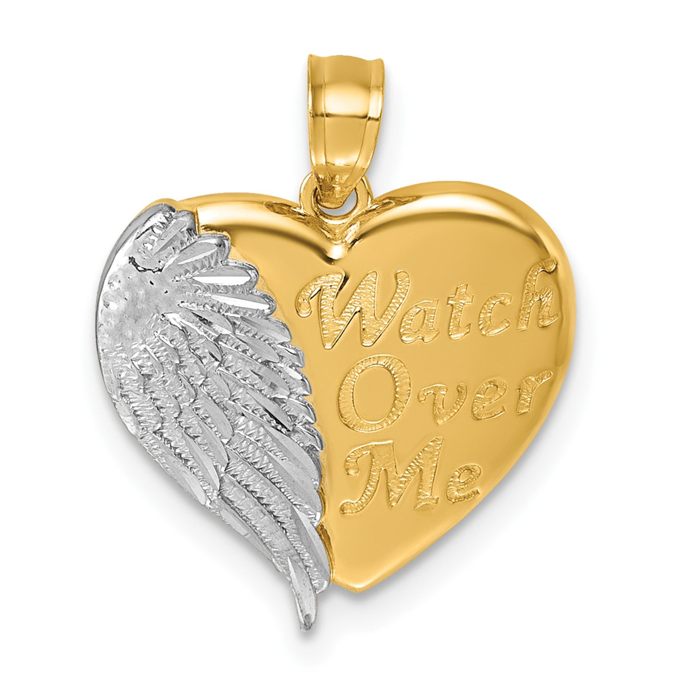 14k and White Rhodium Diamond-cut Heart With Wing WATCH OVER ME Pendant