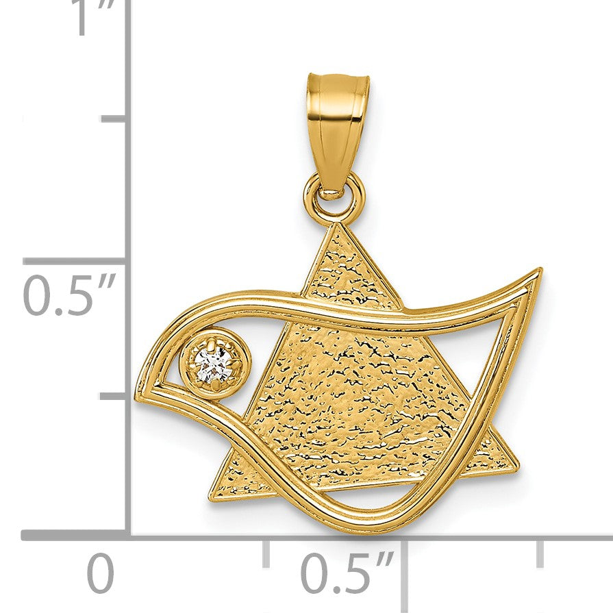 14k Polished and Textured CZ Bird and Triangle Star of David Pendant