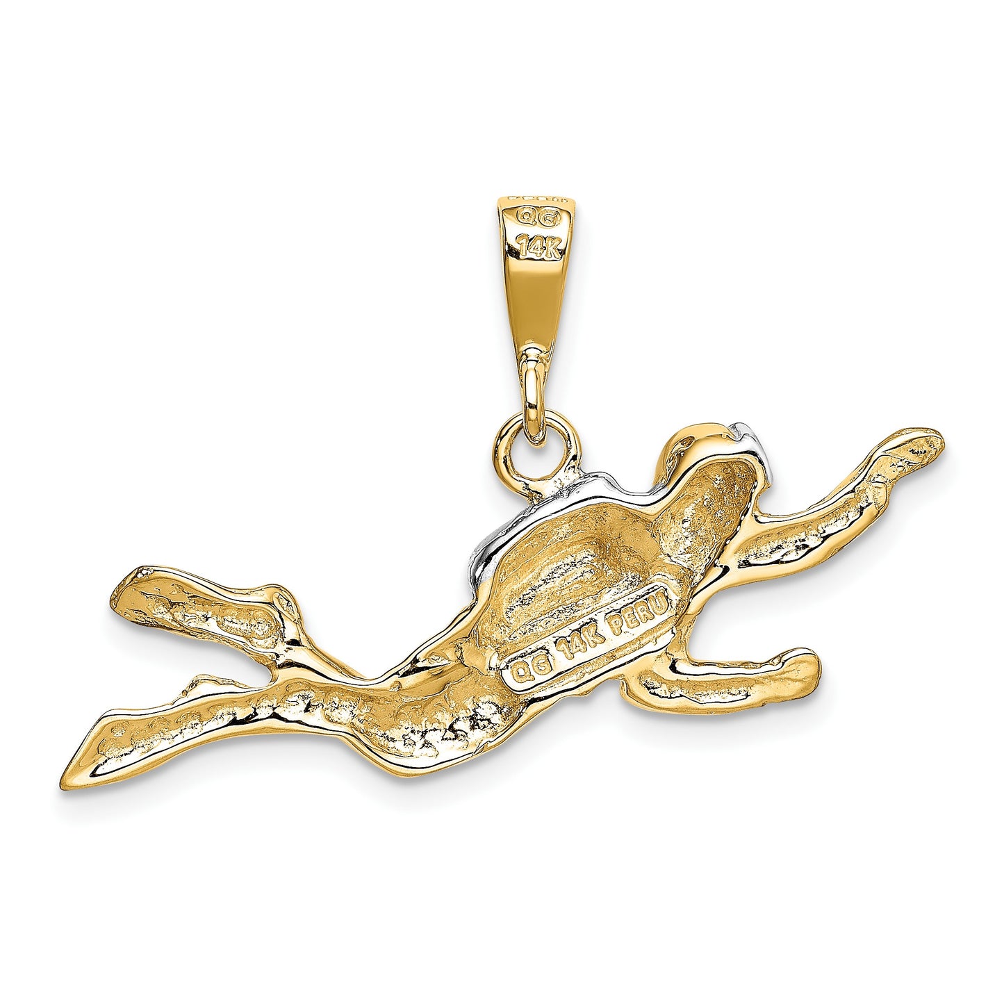 14K and White Rhodium Polished Open-Backed Scuba Diver Pendant