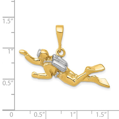 14K and White Rhodium Polished Open-Backed Scuba Diver Pendant