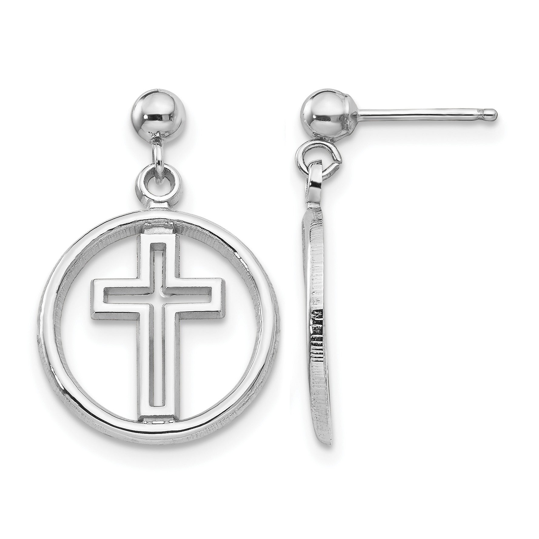 14k White Gold Polished Eternal Life Cross Dangle Post Earrings