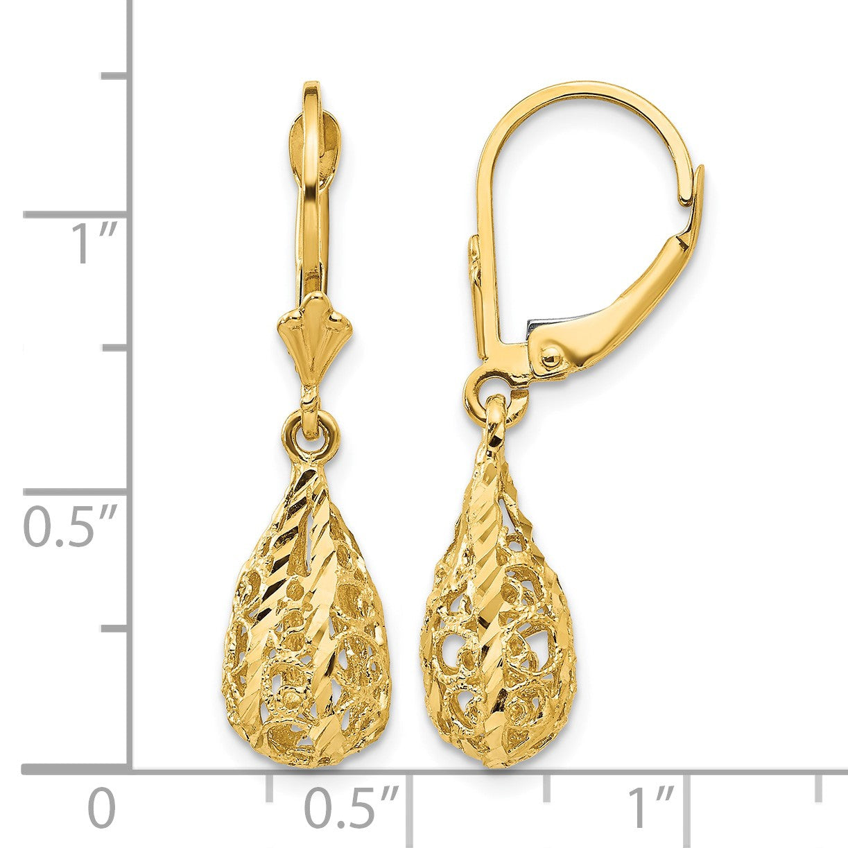 14k Polished Diamond-Cut Filigree Teardrop Dangle Leverback Earrings