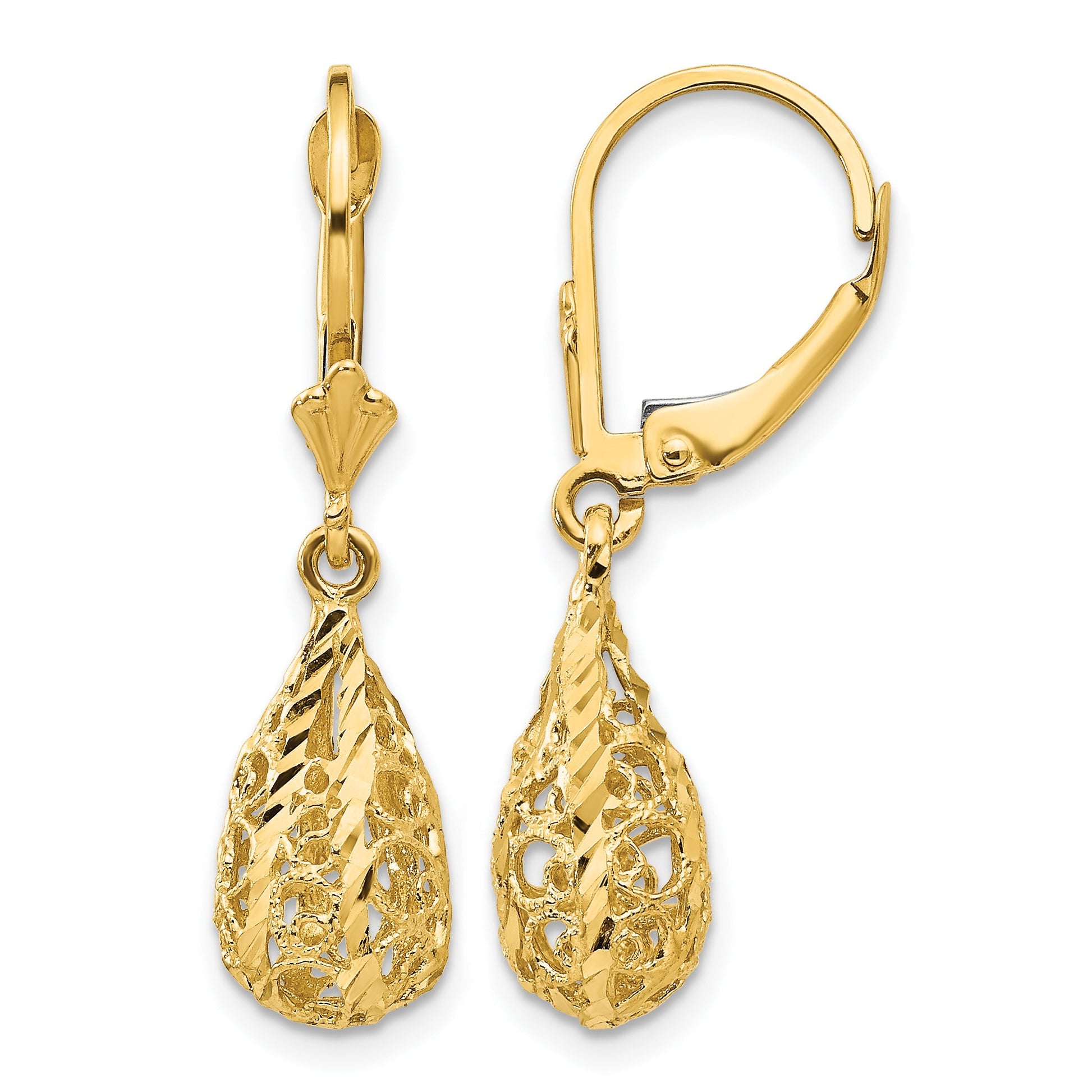14k Polished Diamond-Cut Filigree Teardrop Dangle Leverback Earrings