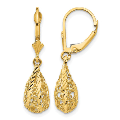 14k Polished Diamond-Cut Filigree Teardrop Dangle Leverback Earrings
