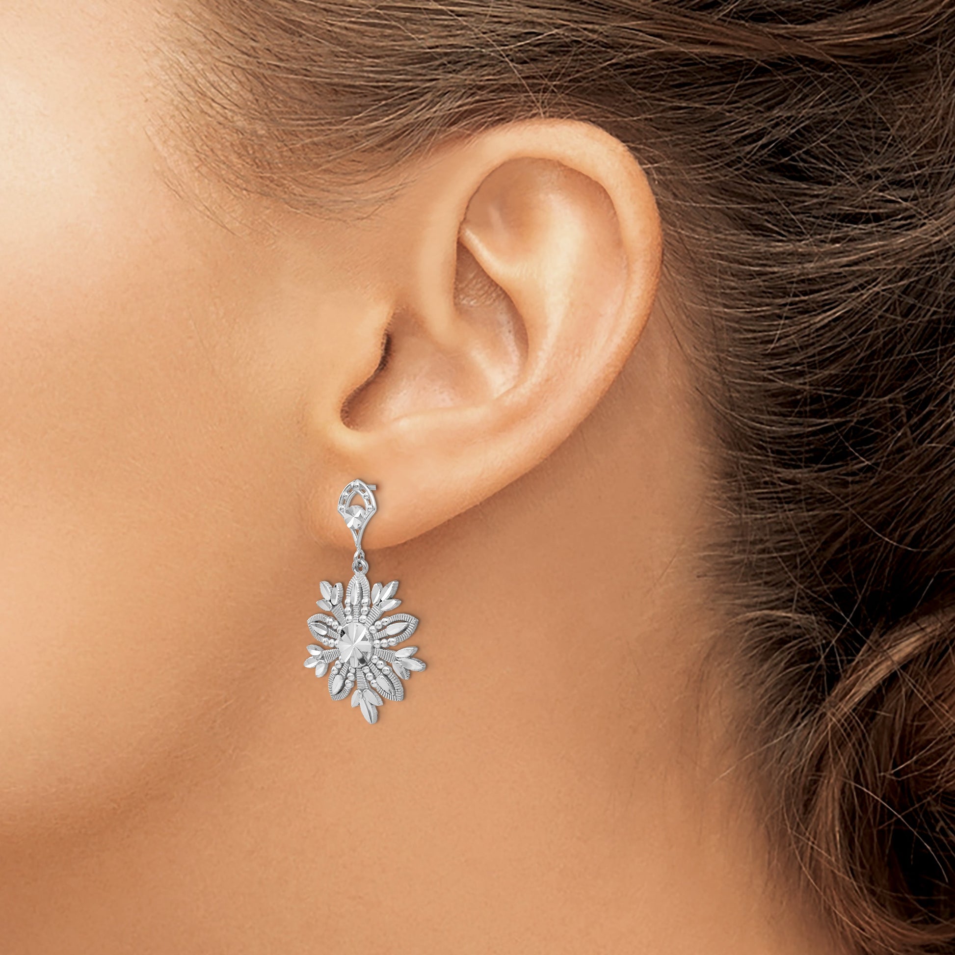 14k White Gold Fancy Snowflake Dangle Post Earrings