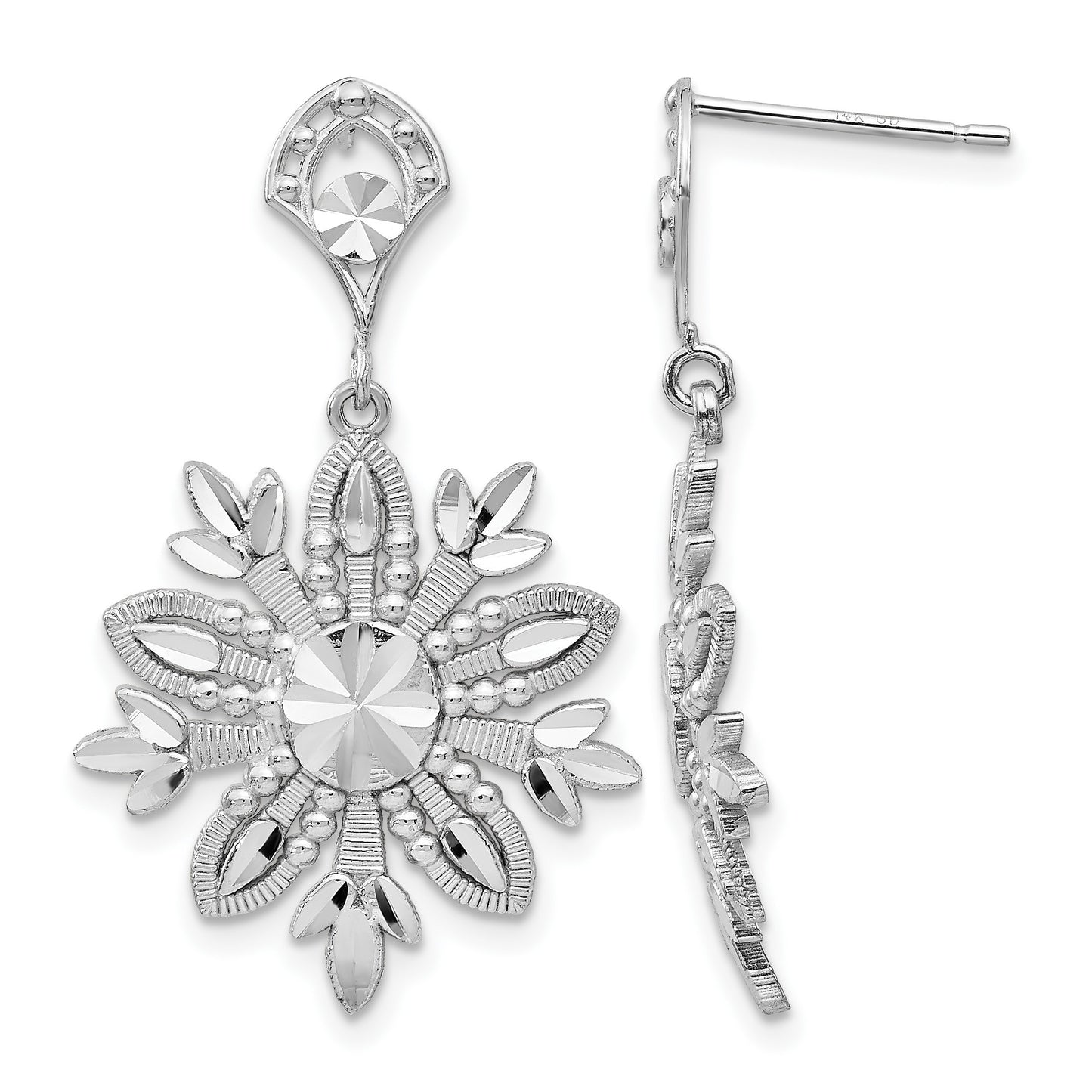 14k White Gold Fancy Snowflake Dangle Post Earrings