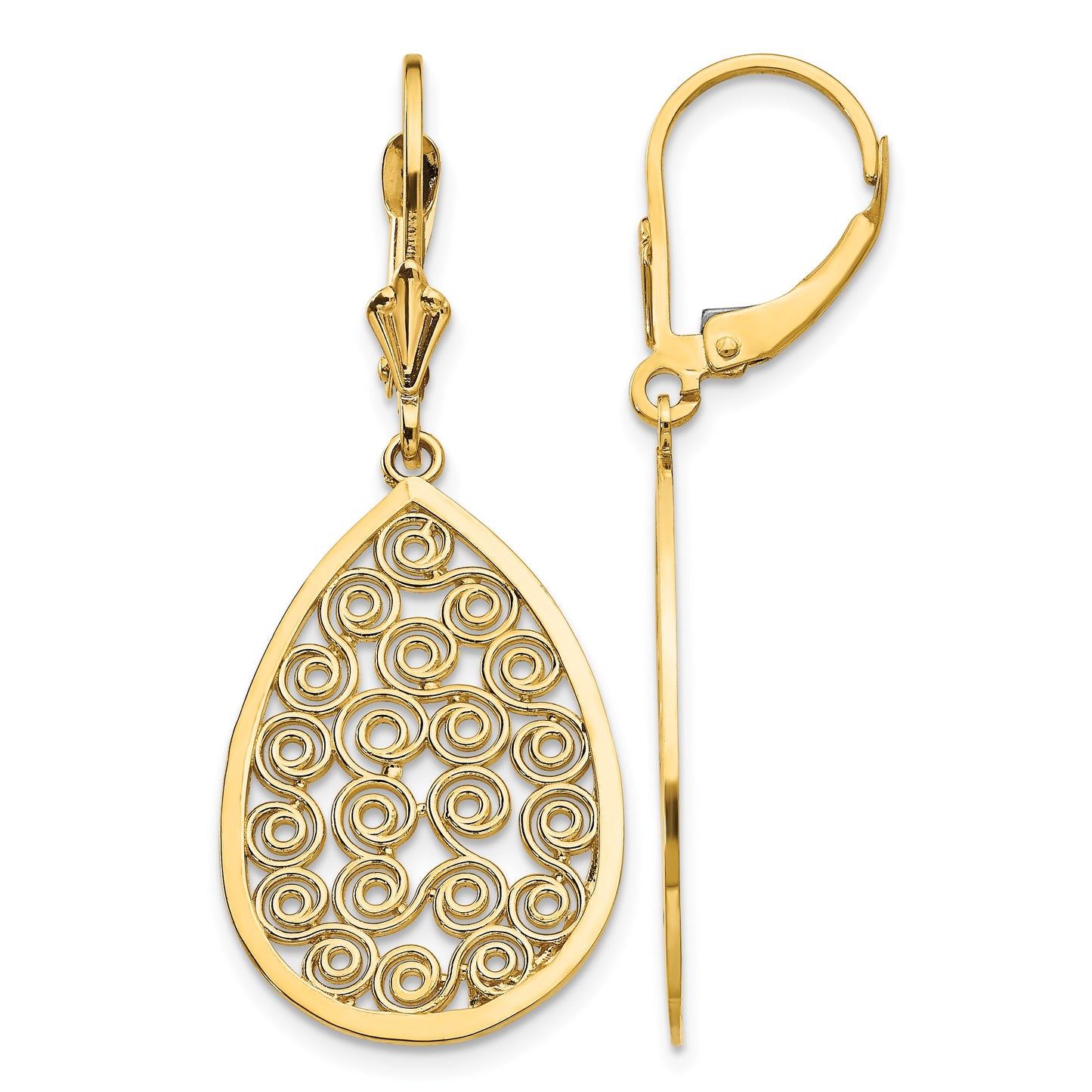 14k Teardrop Filigree Dangle Leverback Earrings