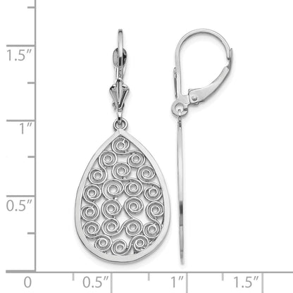 14k White Gold Teardrop Filigree Dangle Leverback Earrings