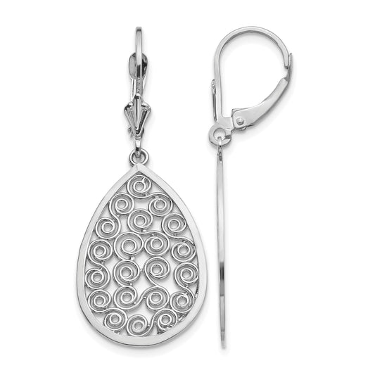 14k White Gold Teardrop Filigree Dangle Leverback Earrings