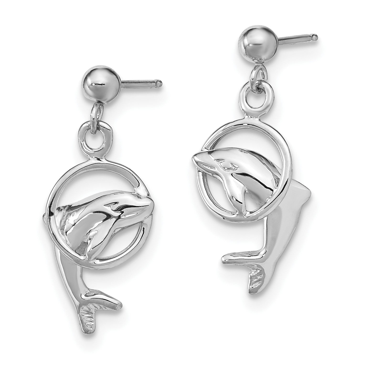 14k White Gold Polished Dolphin Jumping Through Hoop Dangle Post Earrings