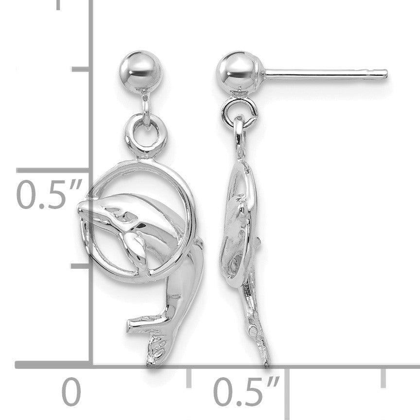 14k White Gold Polished Dolphin Jumping Through Hoop Dangle Post Earrings