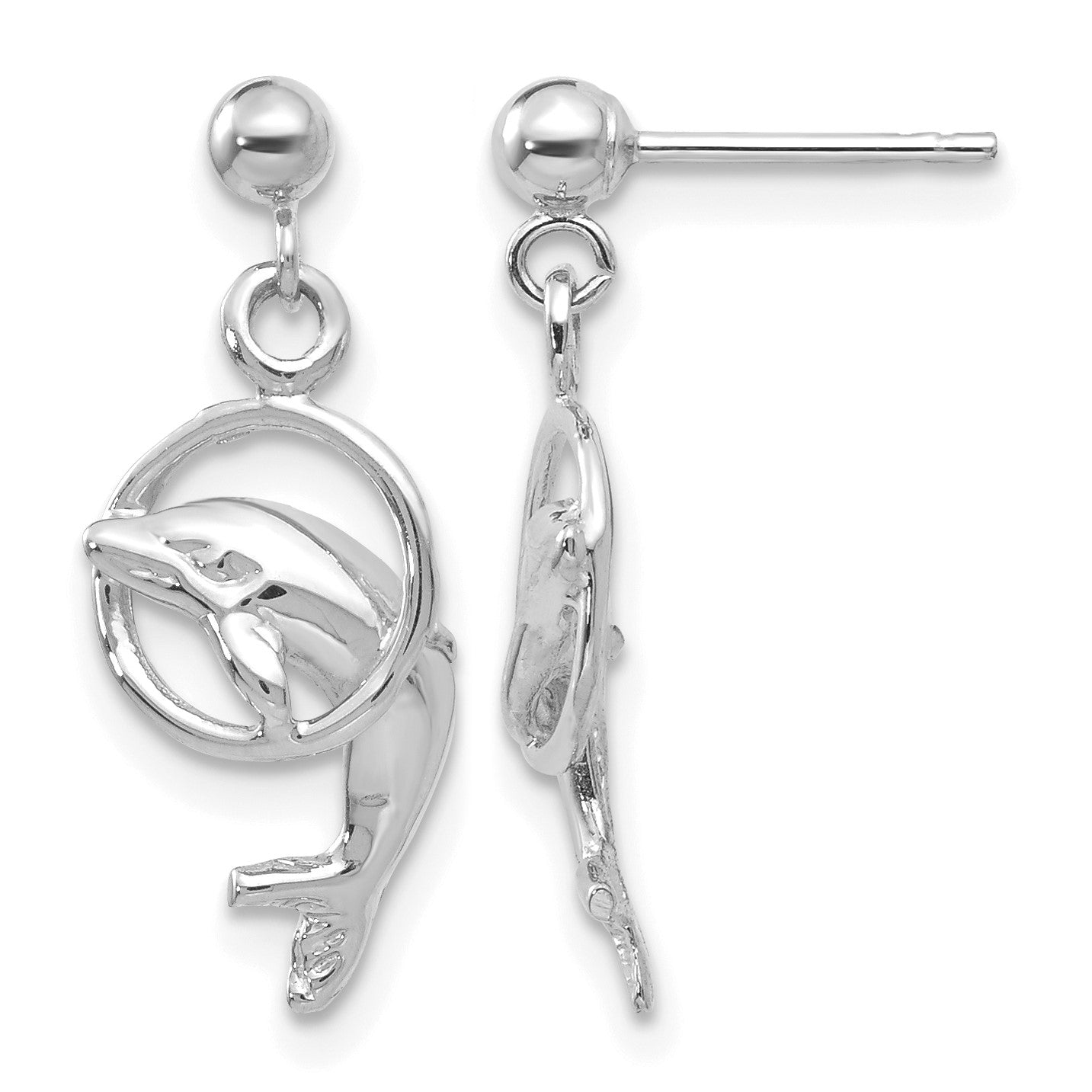14k White Gold Polished Dolphin Jumping Through Hoop Dangle Post Earrings