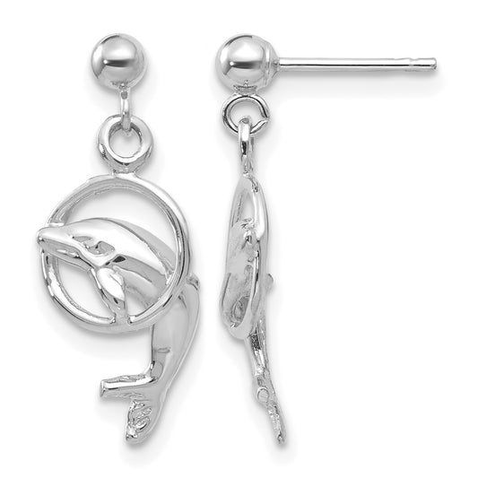 14k White Gold Polished Dolphin Jumping Through Hoop Dangle Post Earrings