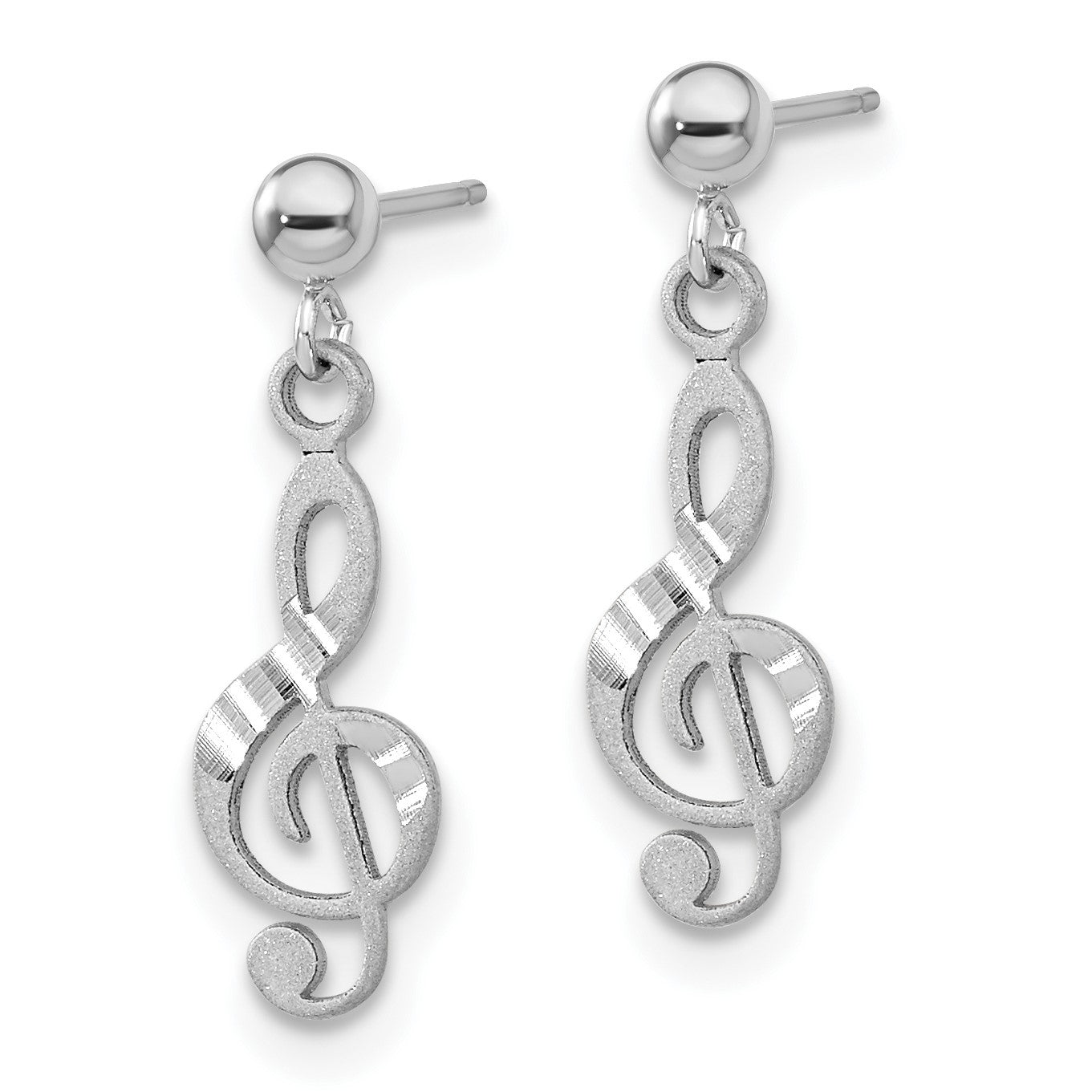 14k White Gold Polished Diamond-cut Treble Clef Dangle Post Earrings