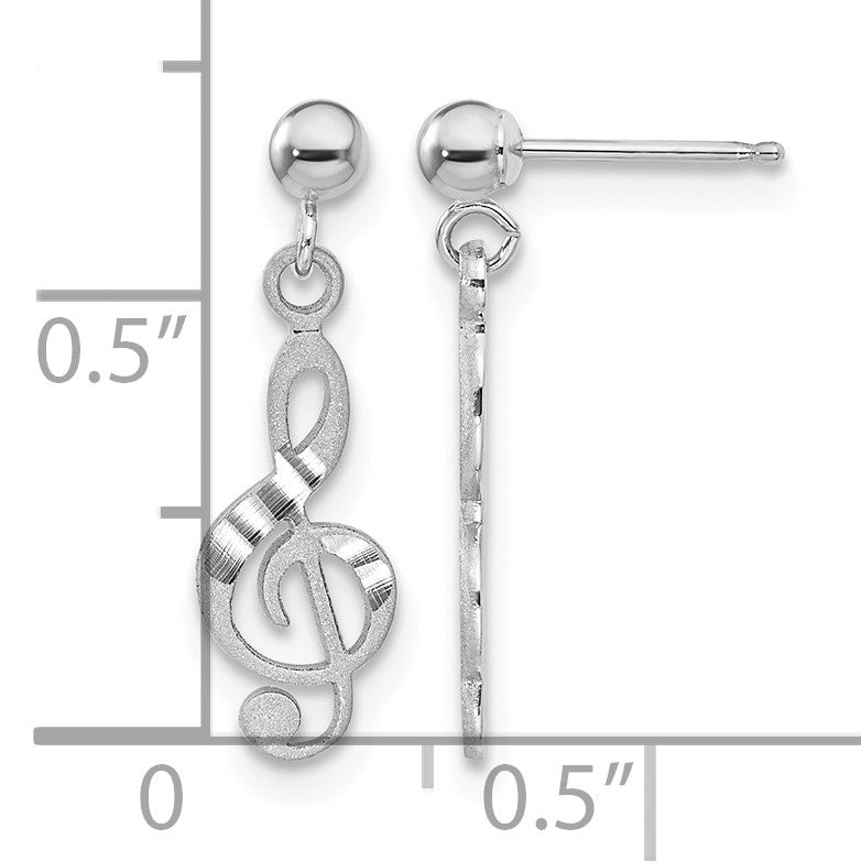 14k White Gold Polished Diamond-cut Treble Clef Dangle Post Earrings