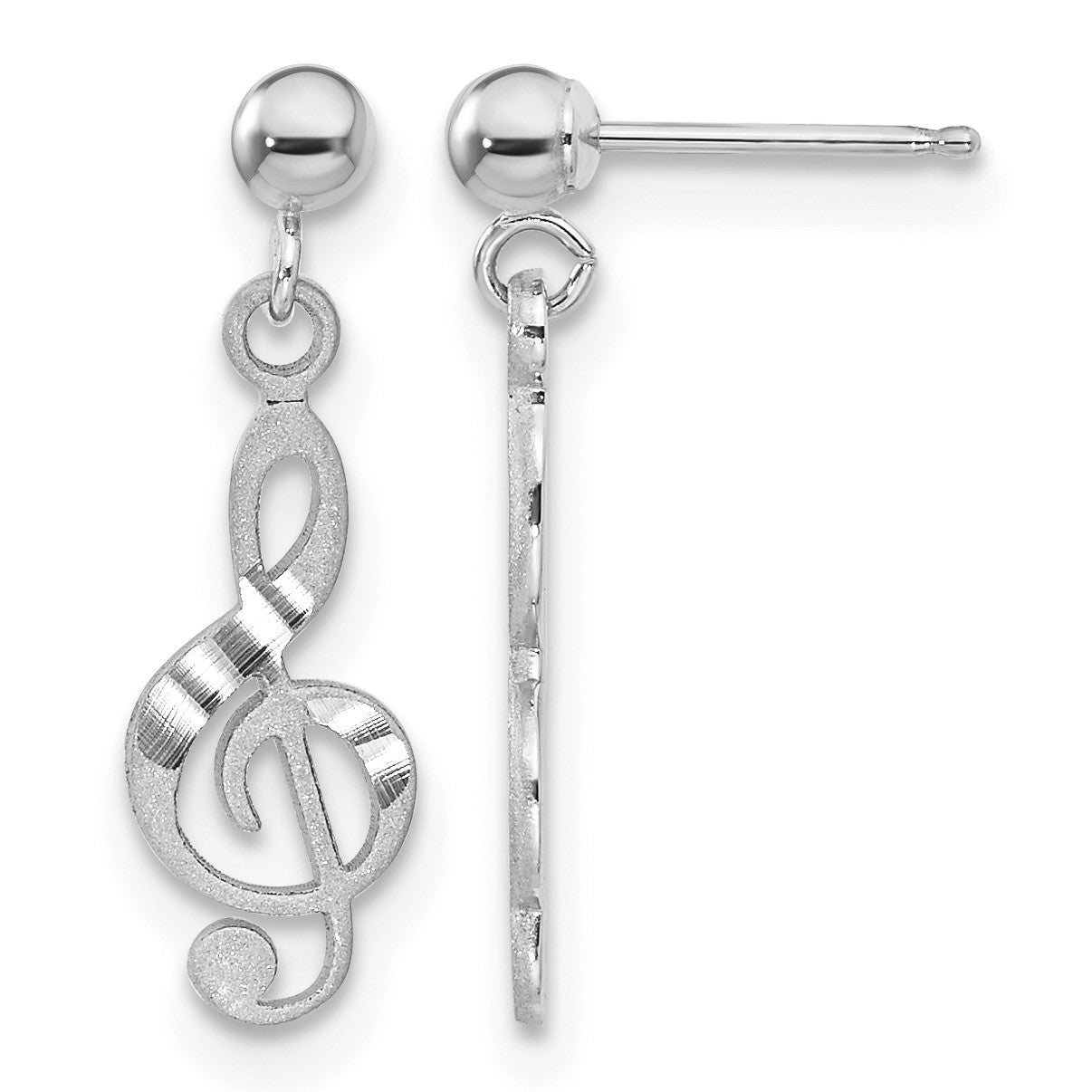 14k White Gold Polished Diamond-cut Treble Clef Dangle Post Earrings