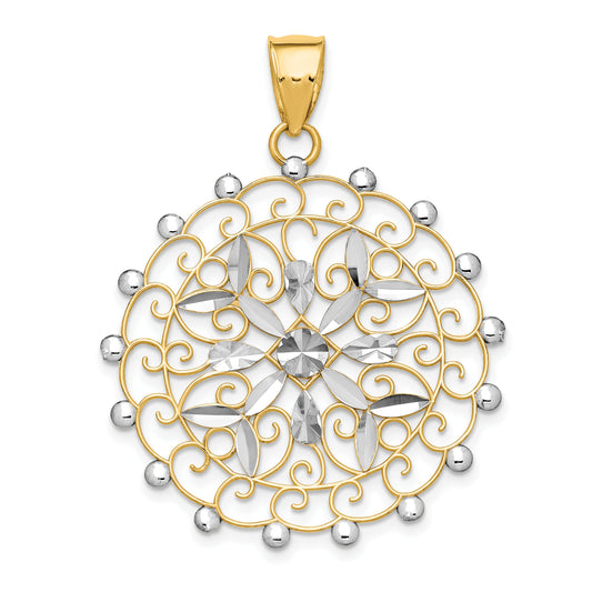 14k and White Rhodium Diamond-cut Filigree Pendant