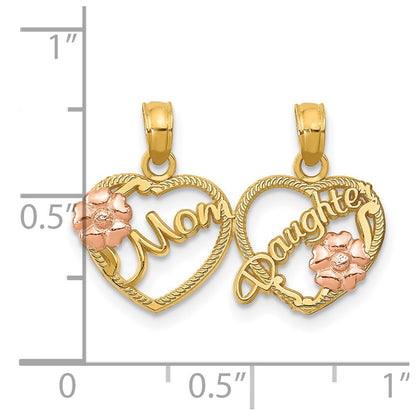 14k Two-tone MOM - DAUGHTER Break-apart Hearts Pendant