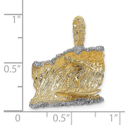 14K and White Rhodium 3-D Surfer In Wave Charm