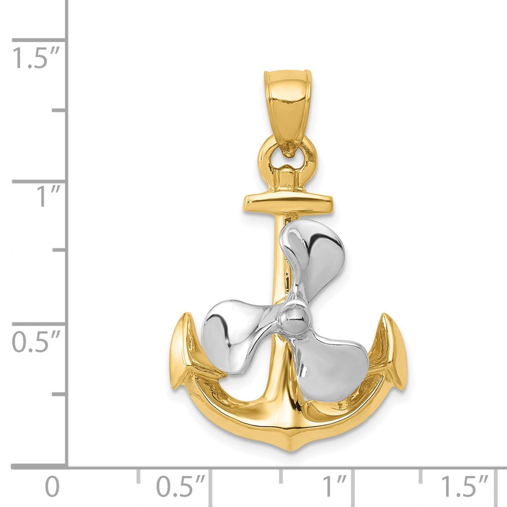 14k Two-tone 3-D Anchor w/Moveable Propeller Pendant