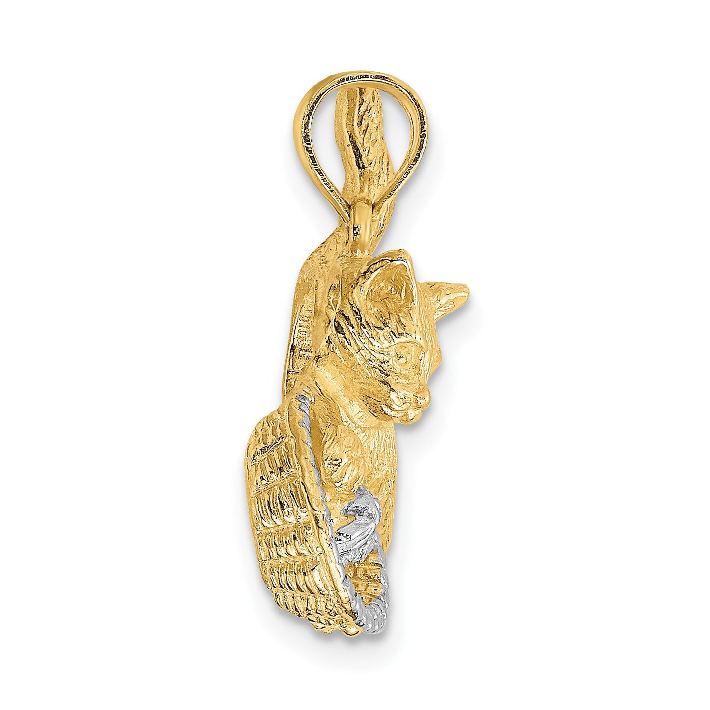 14k and White Rhodium Cat Playing with Yarn in Basket Charm