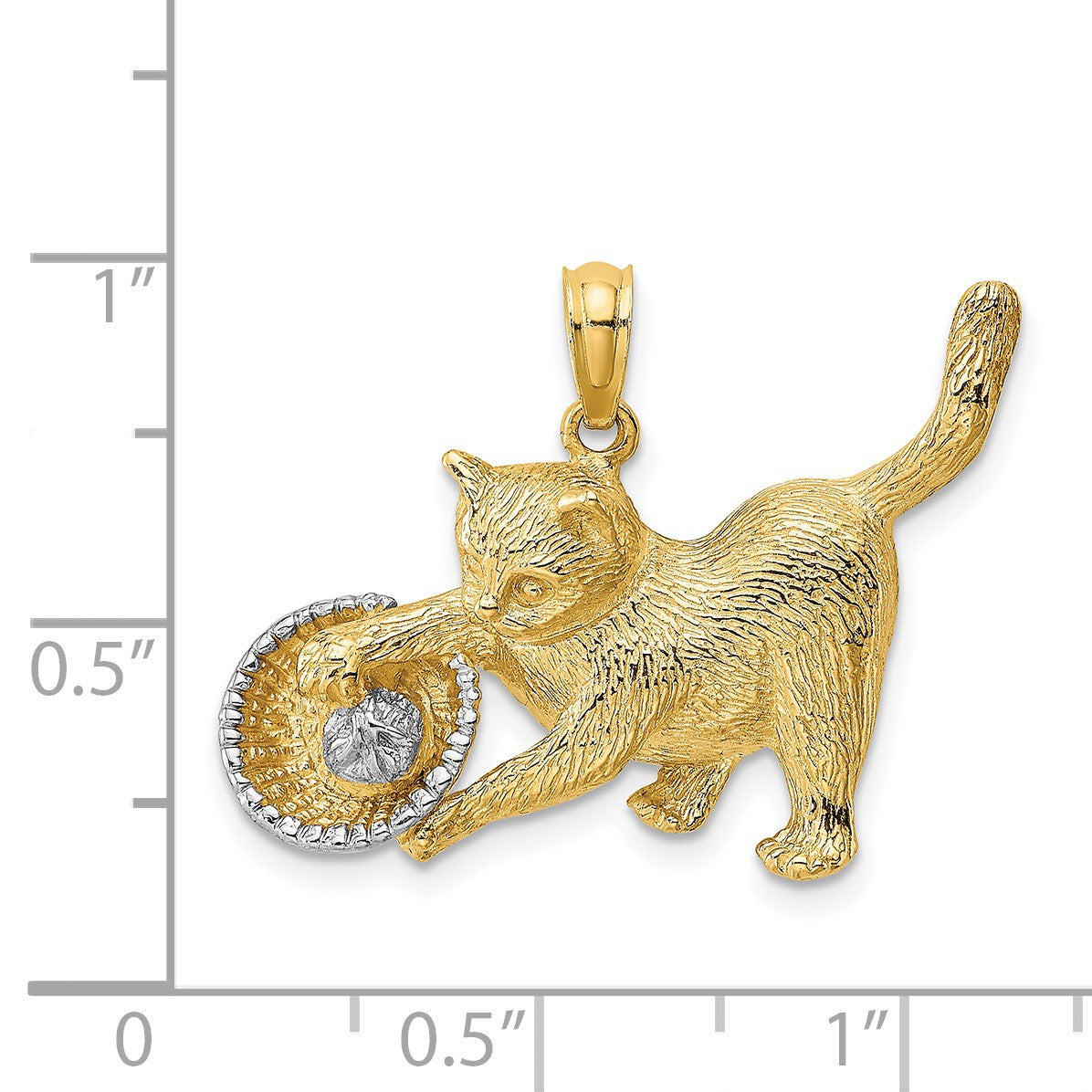 14k and White Rhodium Cat Playing with Yarn in Basket Charm