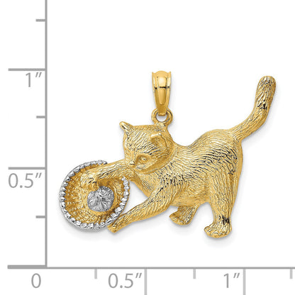 14k and White Rhodium Cat Playing with Yarn in Basket Charm